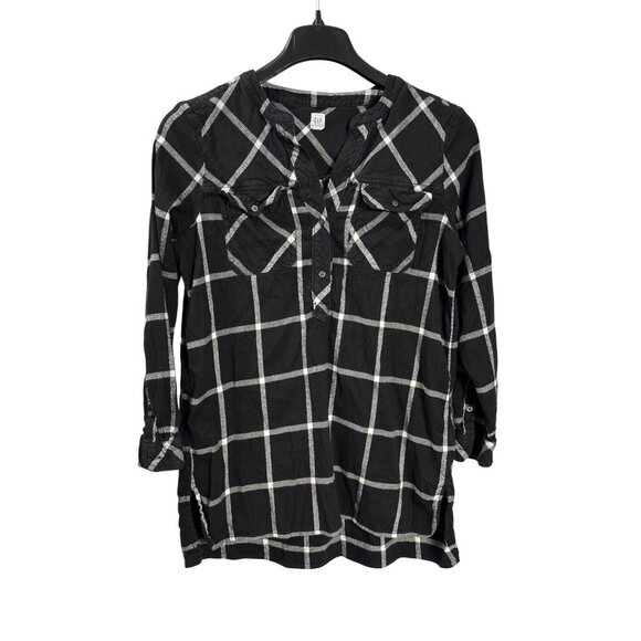 Gap Womens Black White Plaid Flannel Tunic Top Button Front Cotton Blend Size L - Picture 1 of 4